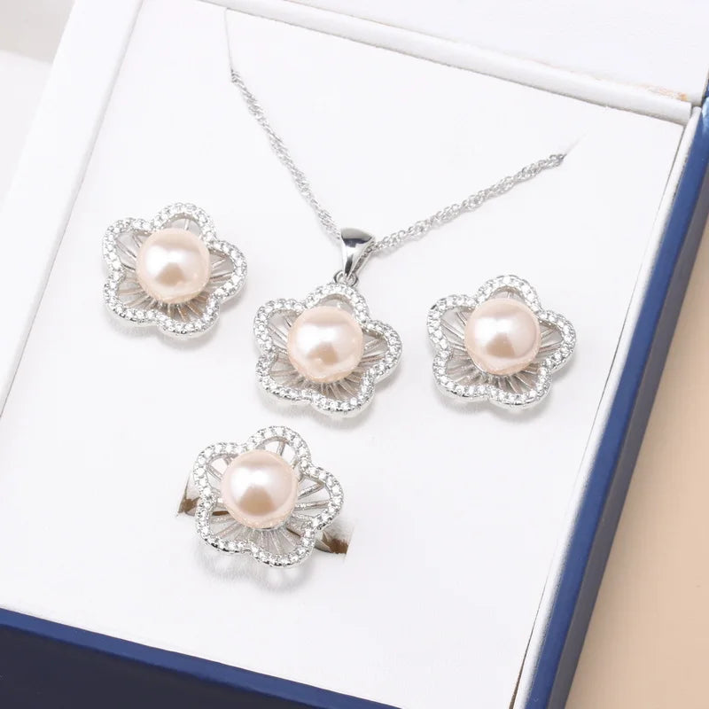 Geneuin 925 Silver Flower Bridal Jewelry Sets Pearl Fashion Jewelry Women Girls Engagement Anniversary Fine Gift