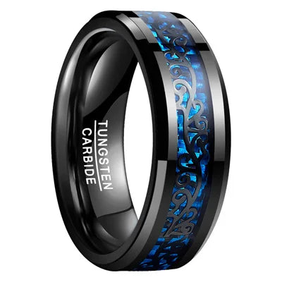 Astunning piece of men's jewelry with this black tungsten carbide ring. Plated with a sleek black finish, this 8mm wedding band features an intricate vine pattern inlaid with blue carbon fiber, adding a touch of elegance to any occasion.
