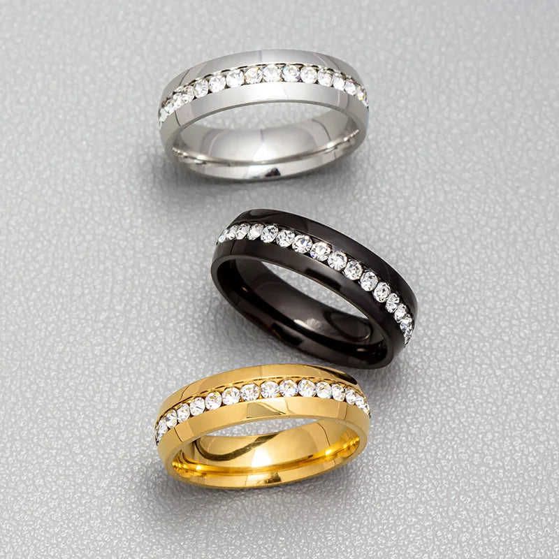 Women Men Luxury Stainless Steel Rings Crystal Rhinestone Wedding Engagement Zircon Ring Fashion Couple Jewelry Size 6-12