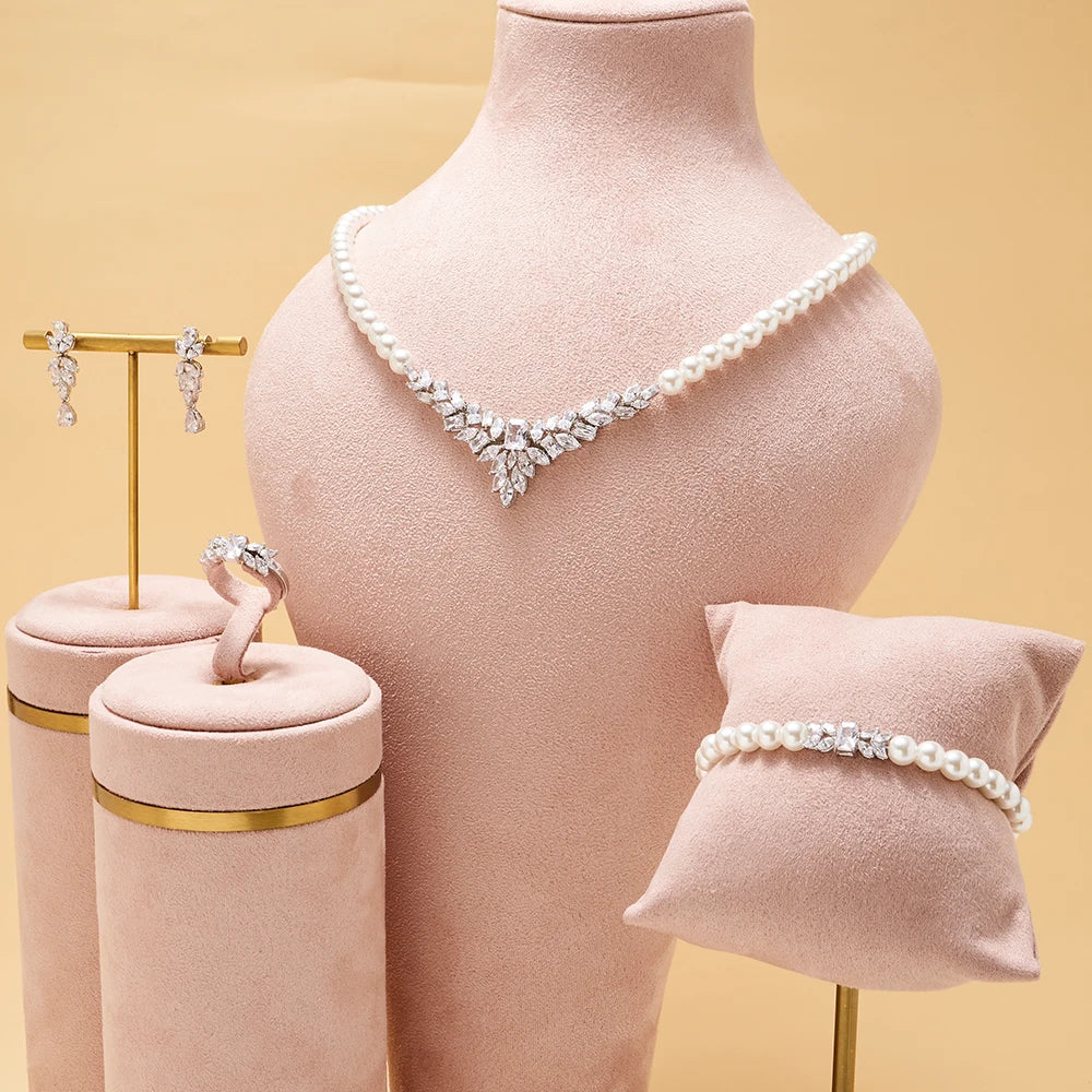 Pearl Jewelry Sets for Women Cubic Zircon Set Full Jewellery Woman Saudi Arabia Wedding Party Dress Suit Accessory