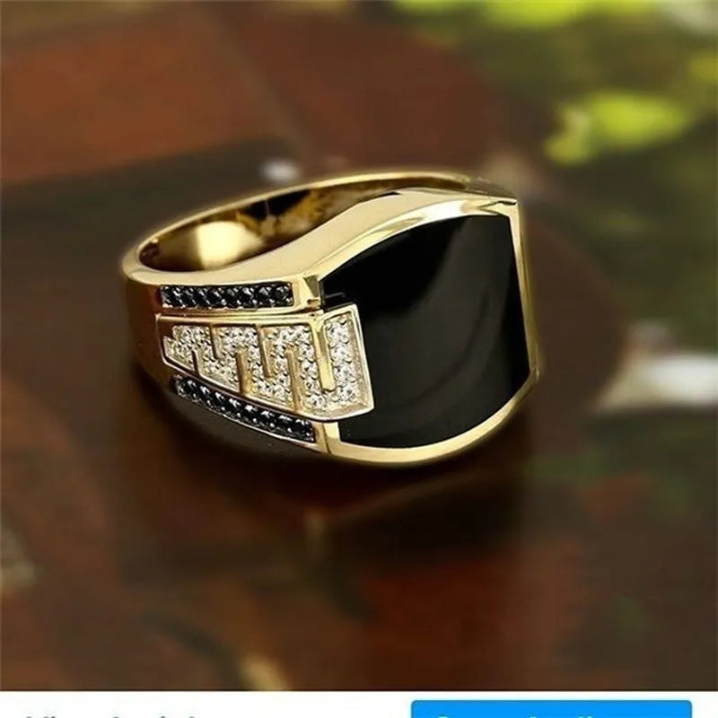 The epitome of elegance with this exquisite men's ring. Crafted from high-quality metal, it features a captivating gold color and is adorned with a striking black stone and zircon accents. Perfect for engagements, weddings, or simply adding a touch of luxury to your everyday style, this punk-inspired ring is a must-have in any fashion-forward man's collection.