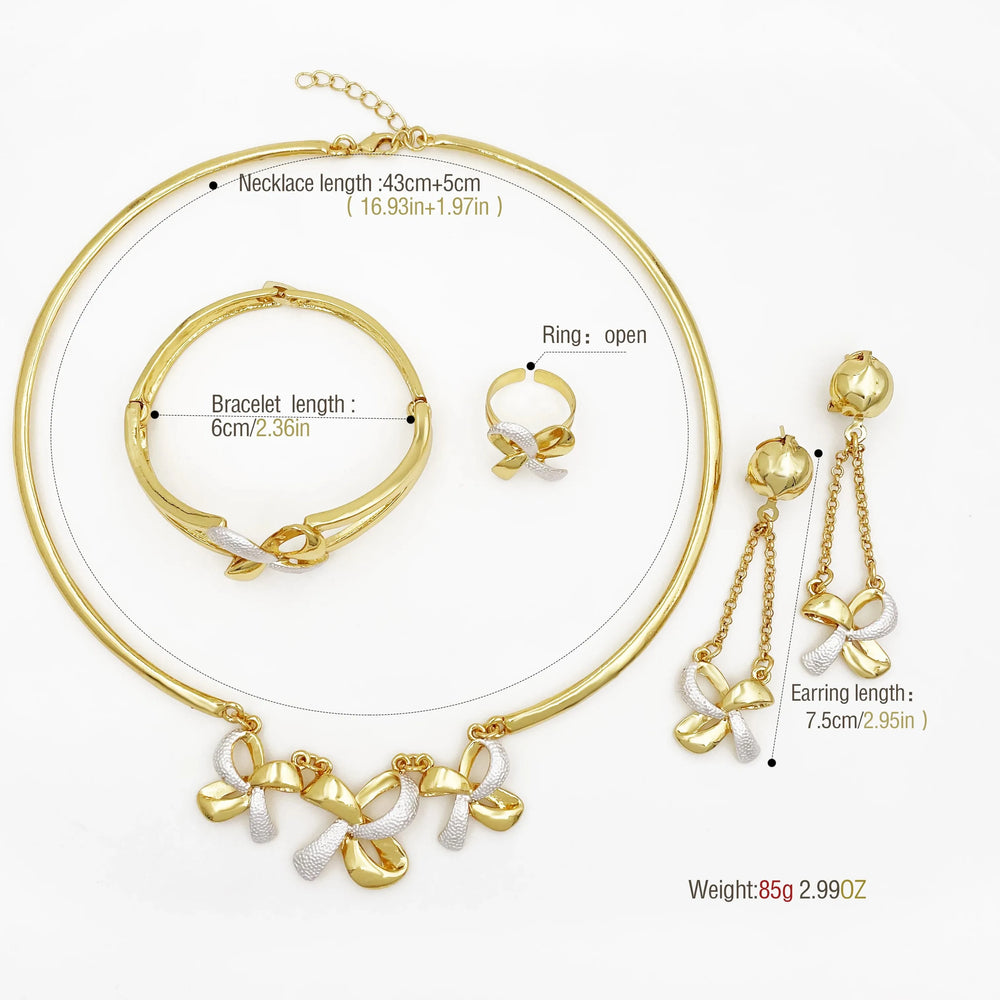 New Women Jewelry Two Tone Classic Design Necklace Set Long Drop Earrings Bracelet And Ring Full Set Jewelry Party Trending