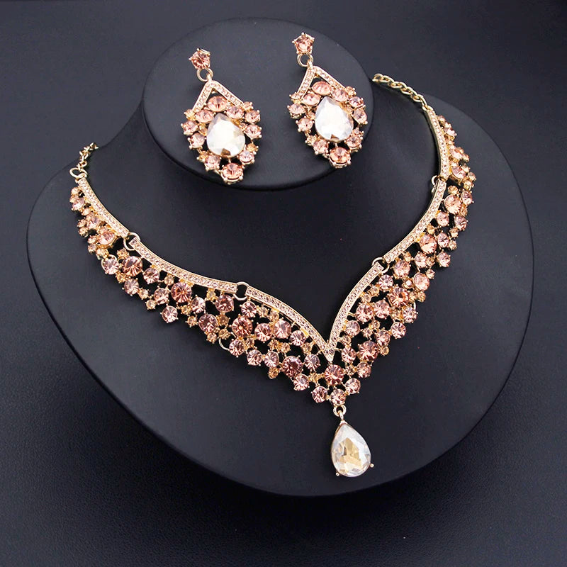 Champagne Colors Bridal Earrings Necklace Set Water Drop Rhinestones Crystal Adjustable Dubai Jewelry Set for Wedding Bride