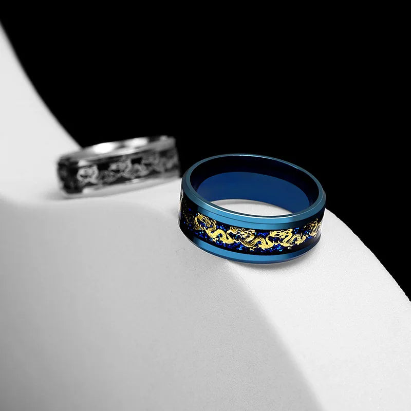 2025 Fashion Men Stainless Steel Celtic Dragon Ring Inlaid Red Blue Carbon Fiber Rings Wedding Band Jewelry 8MM Bague Homme
