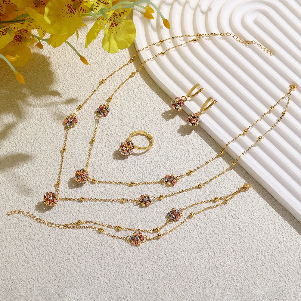 Fashionable 4-piece set of hand-woven gold and multi-color copper beads wavy line wear Open cuff bracelet ring for women's daily