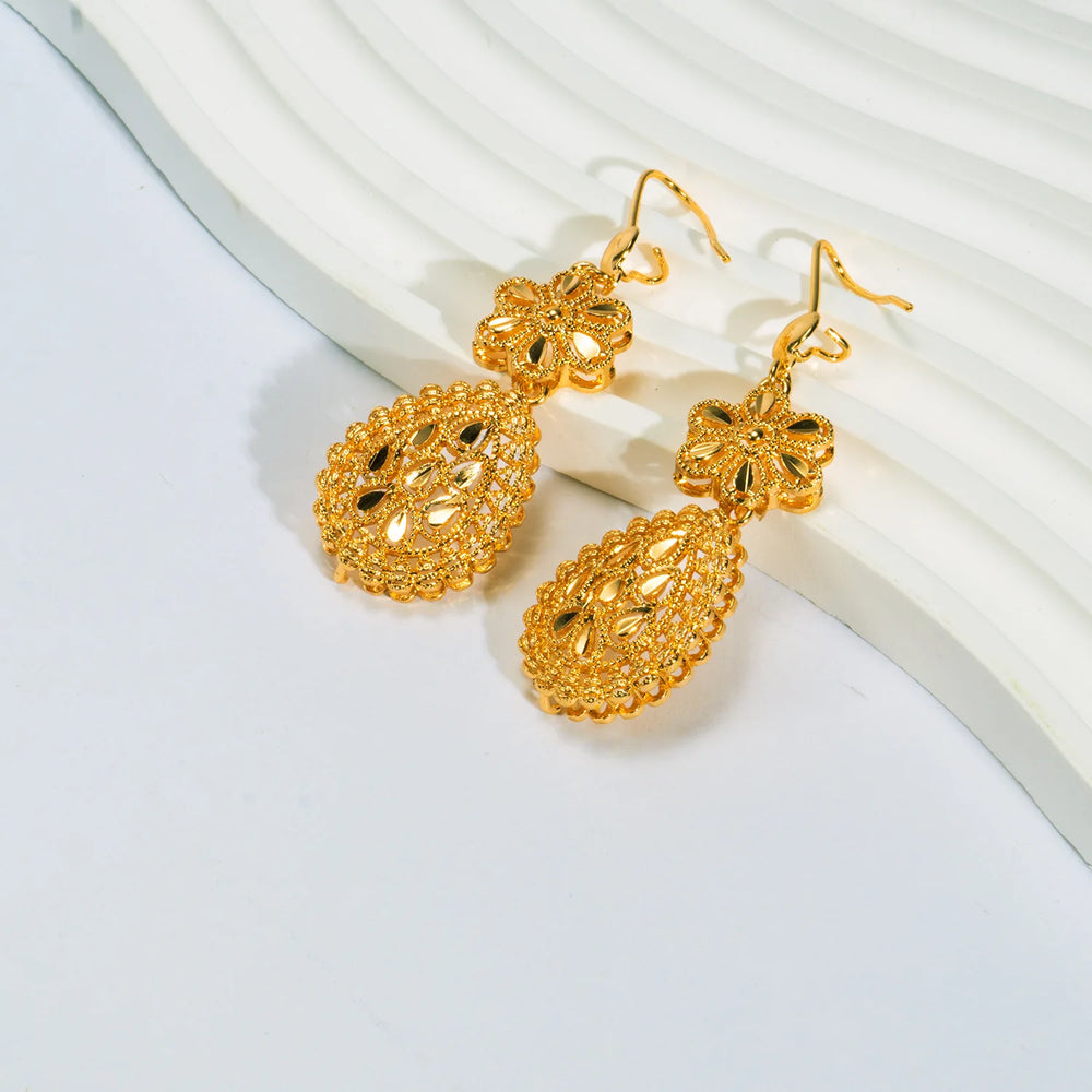 24K Gold Necklace and AU999 Gold Earrings Two-Piece Set, Elegant Water Drop Shape Wedding Jewelry for Women