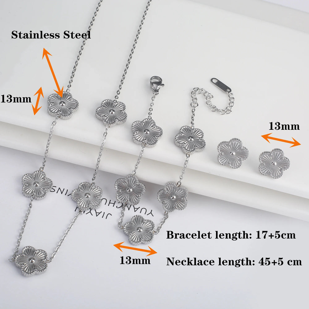 New Luxury Stainless Steel Five Leaf Flower Bracelet Necklace Earrings Ring Jewelry Set Classic for Woman Party Fashion Jewelry