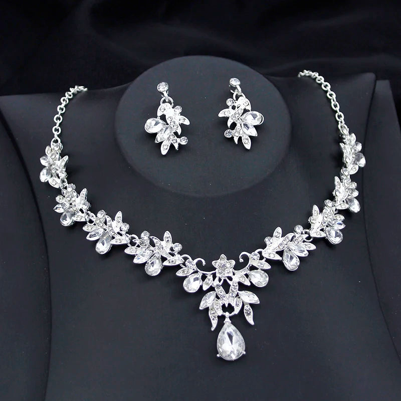 Exquisite 2 pcs set Flower Pink AB crystal bridal wedding jewelry sets for women dangle earrings and necklace sets Blue Green