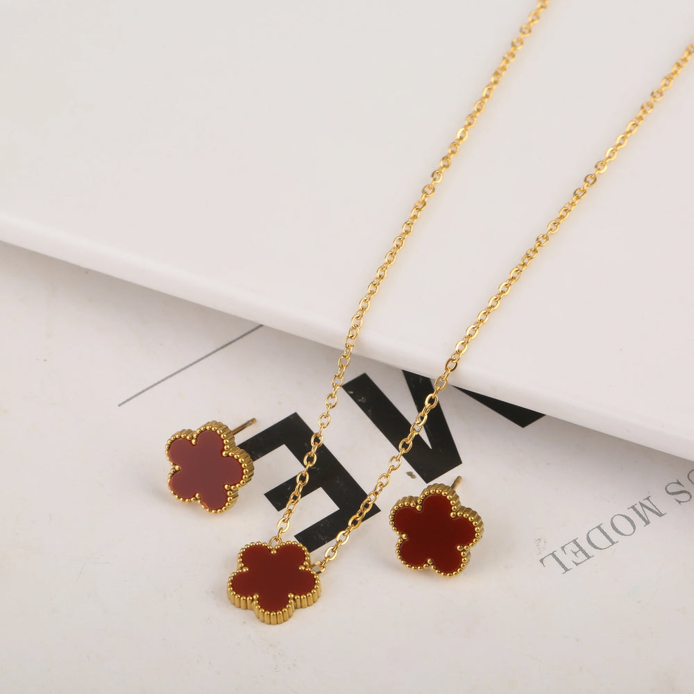 Stainless Steel Non Fading Minimalist Creative Plant Live Leaf Petal Flower Pendant Necklace Earrings Bracelet Jewelry Set