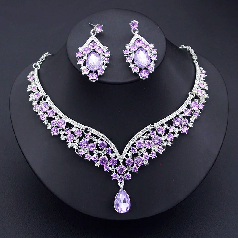 Champagne Colors Bridal Earrings Necklace Set Water Drop Rhinestones Crystal Adjustable Dubai Jewelry Set for Wedding Bride