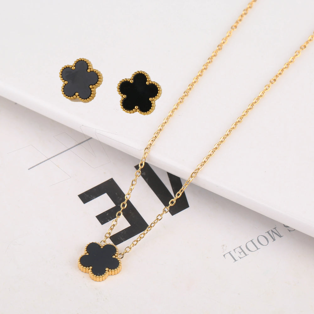2pcs/Set Flower Stainless Steel Pendant Necklace Earrings For Women Trending New In Fashion Jewelry Set Accessories Clover