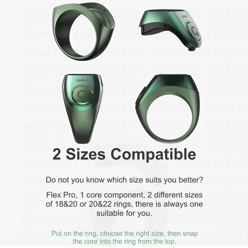 The Qibla Zikr Flex Pro is an aluminum alloy smart ring designed for Muslim Tasbih counting. It features a digital Tasbih counter and is IP67 waterproof. It comes in two different sizes and is compatible with various devices.