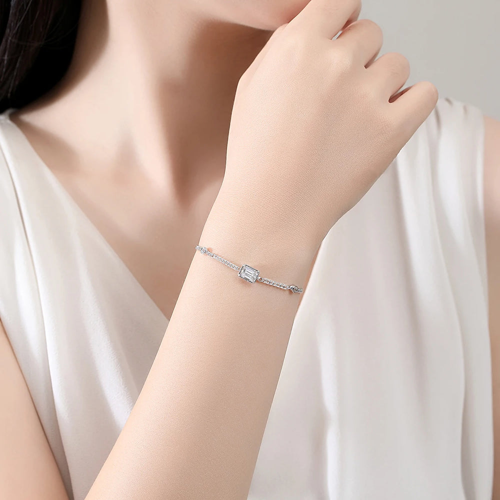 Chain Link Bracelet Moissanite 1CT Emerald Cut Real 925 Sterling Silver Women Luxury Trendy Hand Bracelets Jewelry