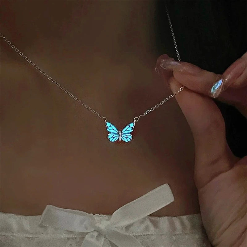 New Fashion Blue Luminous Butterfly Necklace Bracelet Set for Women Glow in the Dark Clavicle Chain Choker Girls Party Jewelry