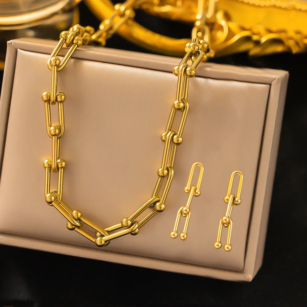 Fashion Stainless Steel U-shape Horseshoe Buckle Gold Silver Bracelet Earrings 18K Necklace for Women Jewelry Sets Wholesale