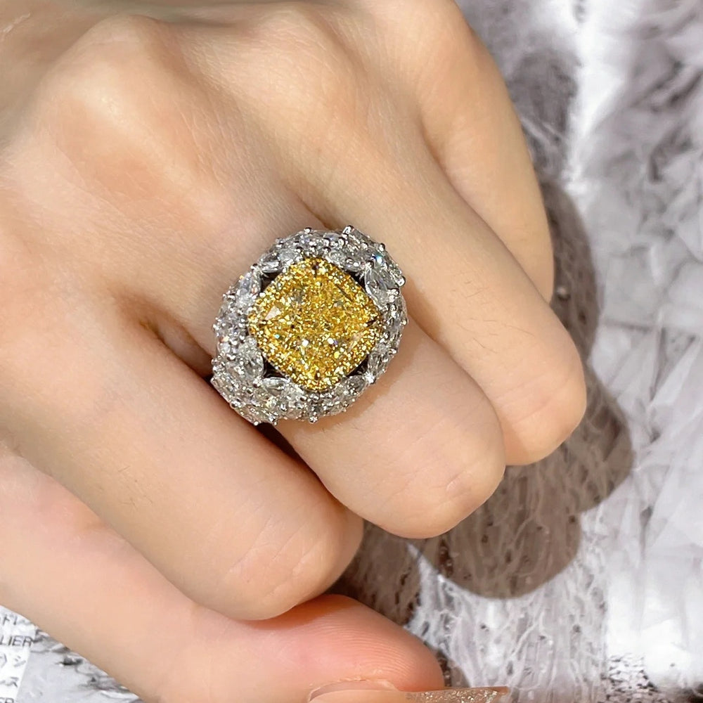 Adjustable Big Bling Yellow Zircon Stone Silver Ring
