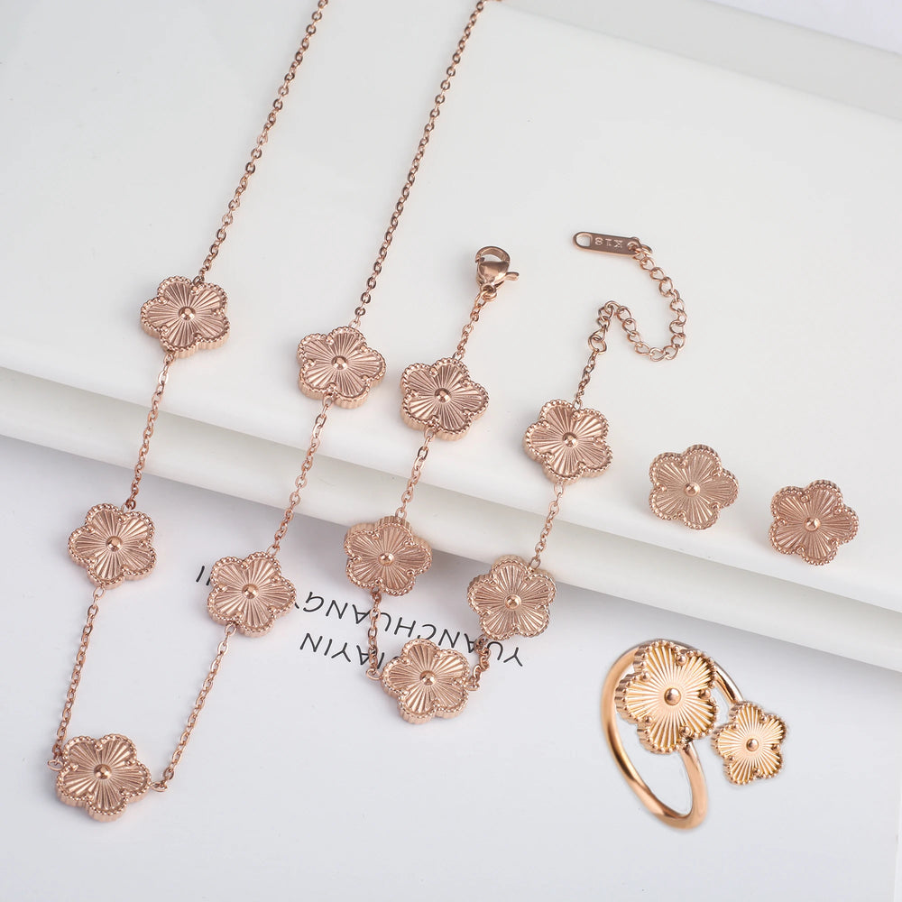 New Luxury Stainless Steel Five Leaf Flower Bracelet Necklace Earrings Ring Jewelry Set Classic for Woman Party Fashion Jewelry