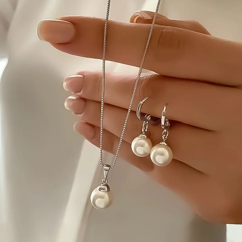 3 Pcs Round Pearl Jewelry Set Of Earring Pendant Necklace For Women Exquisite Fashion Rhinestone Double Wedding Jewelry Set Gift