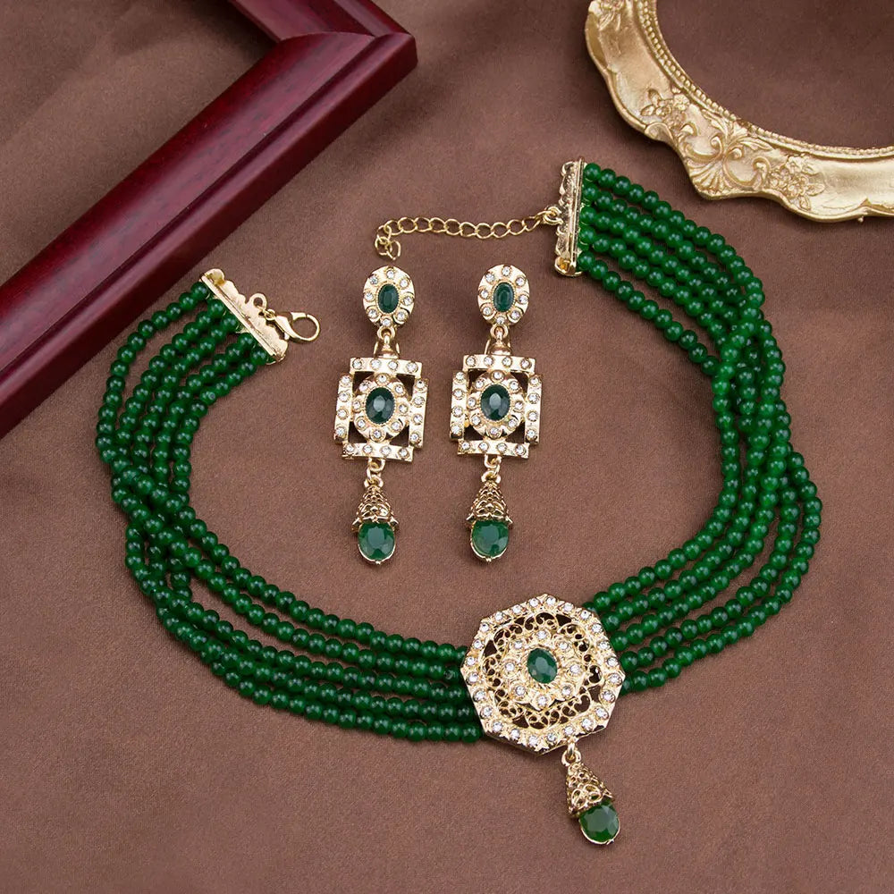 Algeria Beads Choker Necklace String Neck Chain Square Earring For Women Morocco Caftan Jewelry Arabic Bridal Bijoux