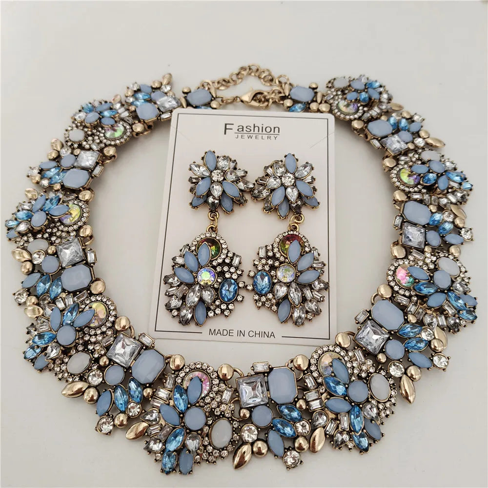 2025 New Fashion Crystal Rhinestones Large Collar Choker Necklace Earrings Women Jewelry Sets Indian Statement Wedding Necklace