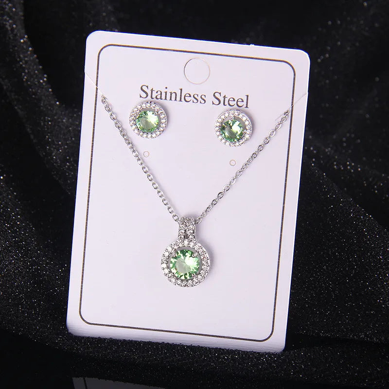 High Grade Round Zircon Jewelry Set Trendy Popular Stainless Steel Pendant Necklace Stud Earrings Party Gifts For Women Girls