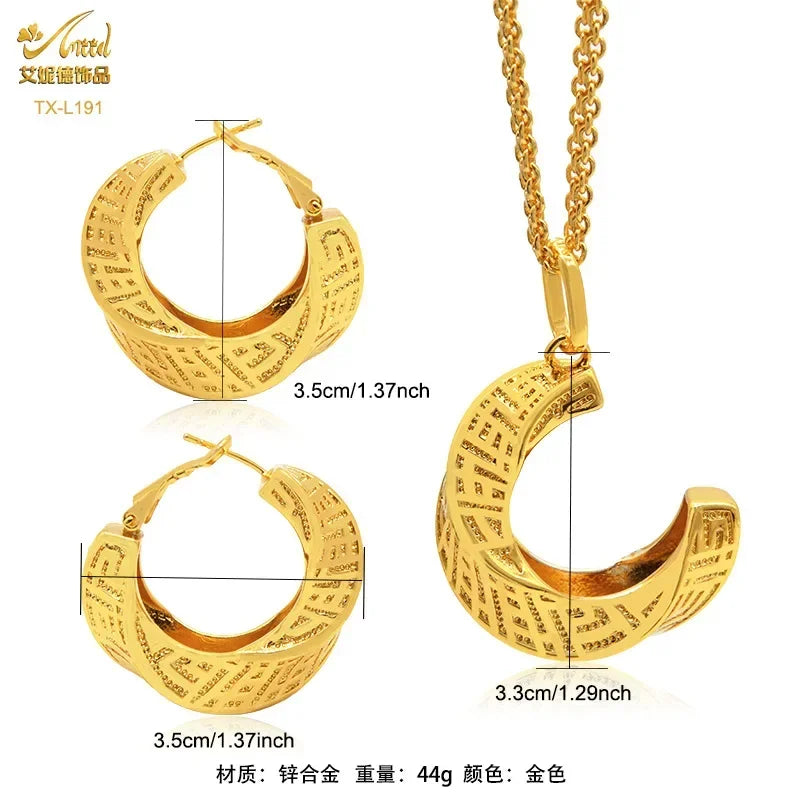 24K Gold-plated Two Piece Copper Jewelry Set India Dubai Jewelry Gold Warped Geometry Necklace Earrings