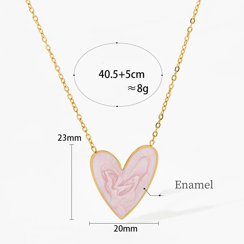 18K Gold PVD Plated Stainless Steel Colorful Enamel Heart Necklace Earring Set For Women Spring Summer Jewelry  Waterproof