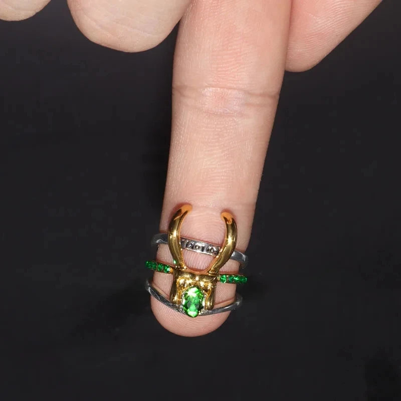 Loki Ring Set Women's Superhero Thor Green Crystal Crown Helmet Ring Stacking Jewelry Cosplay Accessories for Men and Women