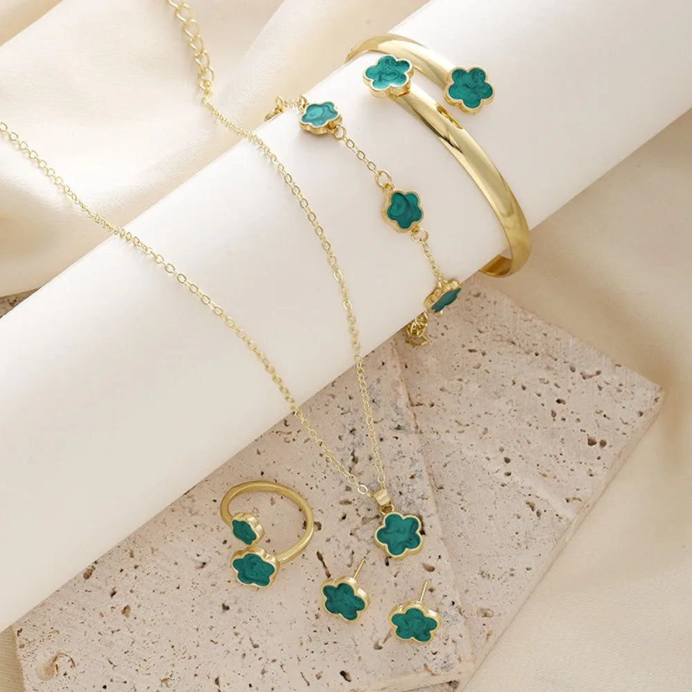 1 Set Fashion Alloy Jewelry Set Female Plum Blossom Five Leaf Flower Earing Girls Bracelet Adjustable Women's Girl Necklace