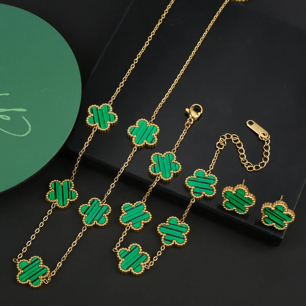 Hot Sale Stainless Steel Five Flower Clover Bracelet Jewelry Set Necklace Earrings For Woman Daily Wear Brand Jewelry