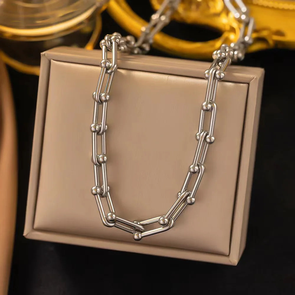 Fashion Stainless Steel U-shape Horseshoe Buckle Gold Silver Bracelet Earrings 18K Necklace for Women Jewelry Sets Wholesale