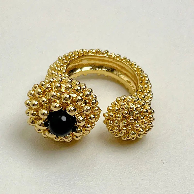 Vintage Gold Plated Black Agate Metal Chunky Open Rings for Women Girls Exaggerated Charm Party Jewelry Accessory