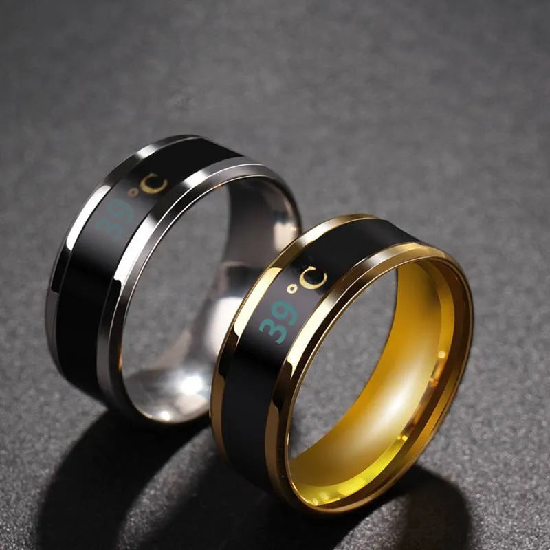 The innovative Smart Sensor Body Temperature Test Ring, a stylish stainless steel fashion accessory that showcases real-time color changes on your finger.