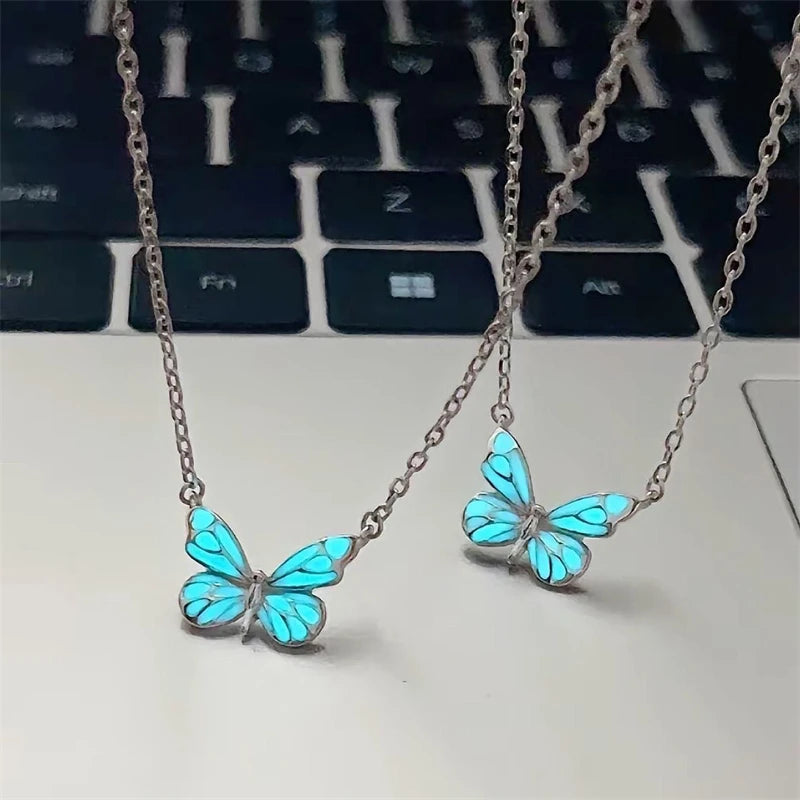 New Fashion Blue Luminous Butterfly Necklace Bracelet Set for Women Glow in the Dark Clavicle Chain Choker Girls Party Jewelry