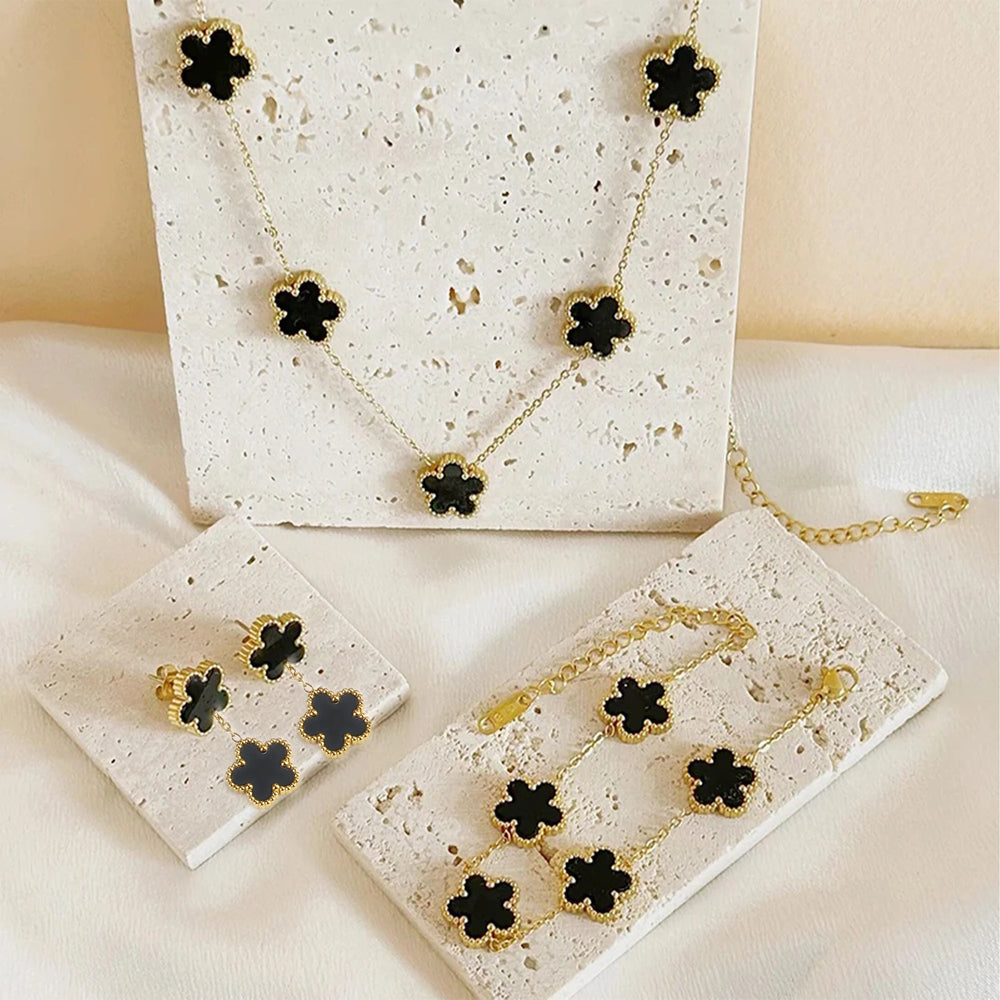 Hot Selling Plum Blossom Plant Five Leaf Flower Jewelry Set Bracelet Necklace Earrings Women Stainless Steel High Quality Clover