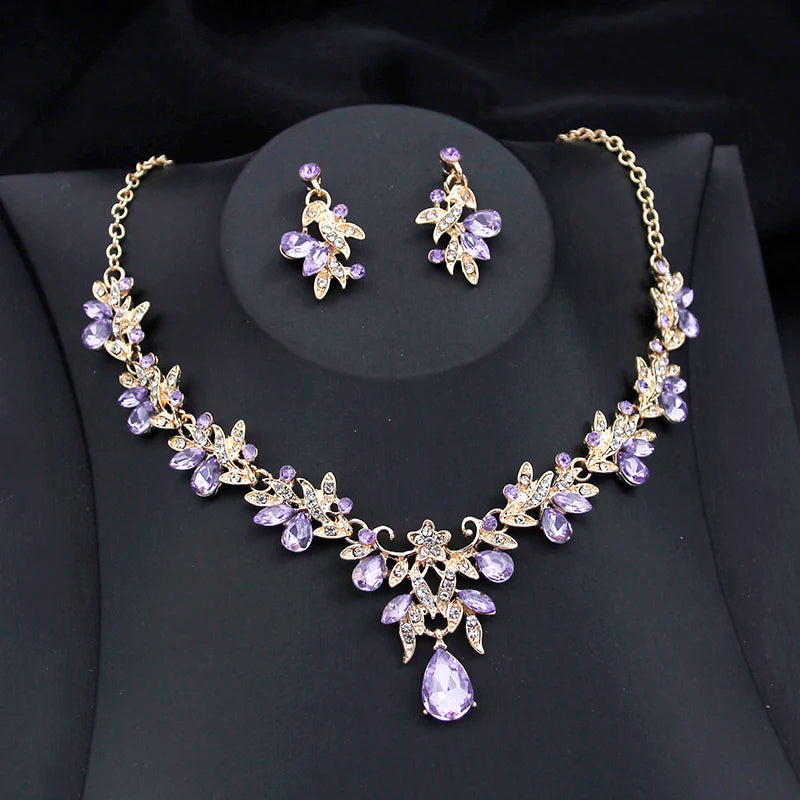 Exquisite 2 pcs set Flower Pink AB crystal bridal wedding jewelry sets for women dangle earrings and necklace sets Blue Green