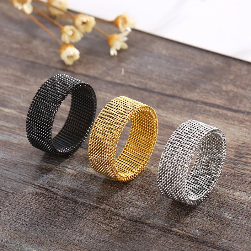 2024 New 8mm Wide Stainless Steel Rings Titanium Couple Rings Deformable Mesh Accessories for Women Men Jewelry Wedding Gift