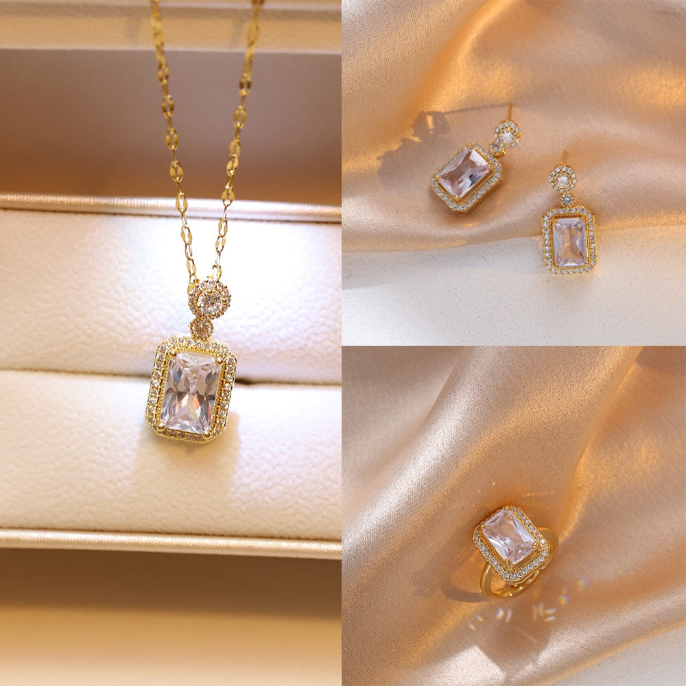 Bridal Exquisite Emerald Green Geometric Earring And Necklace Set