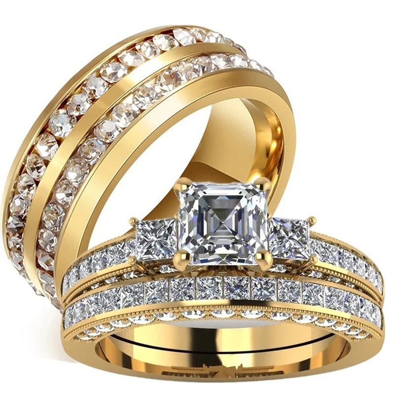 2025 Luxury Zircon Crystal Couple Rings for Lover's Valentine's Day Gift Fashion Gold Color Engagement Wedding Band