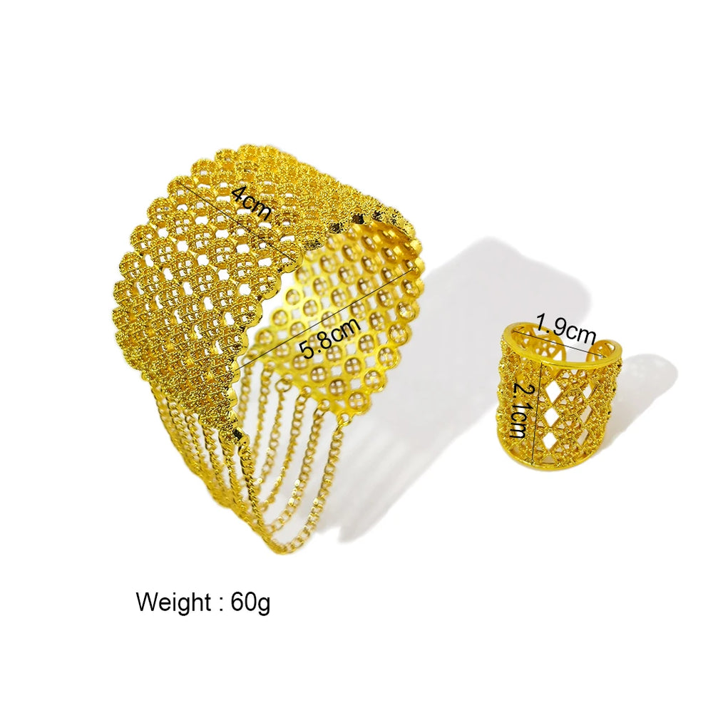 Yellow Gold Color Dubai Jewelry Set For Women Round Hollow Alloy Wide Bracelets Rings Sets African Statement Bangle With Chains