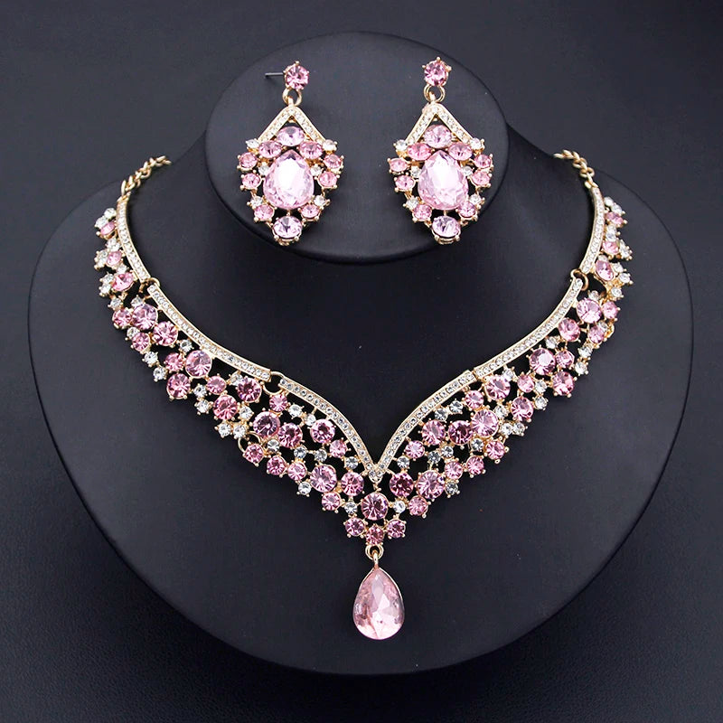 Champagne Colors Bridal Earrings Necklace Set Water Drop Rhinestones Crystal Adjustable Dubai Jewelry Set for Wedding Bride