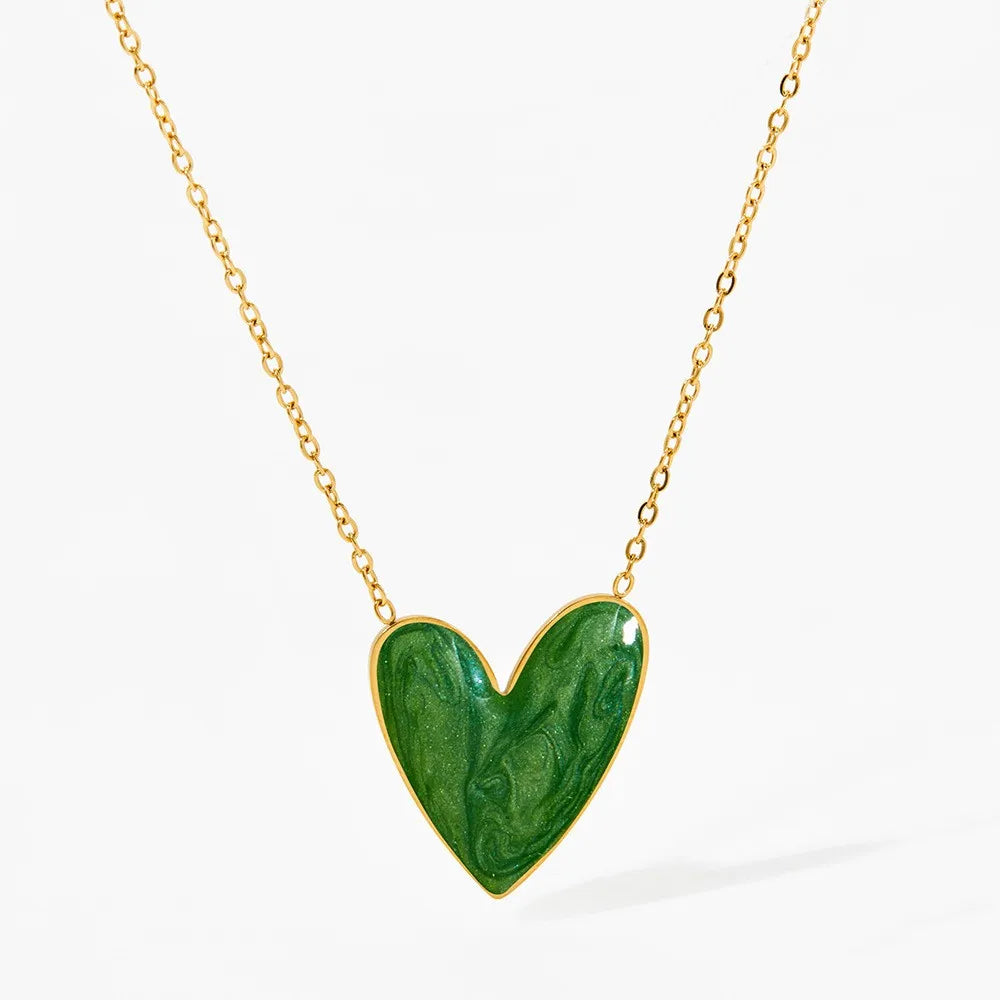 18K Gold PVD Plated Stainless Steel Colorful Enamel Heart Necklace Earring Set For Women Spring Summer Jewelry  Waterproof