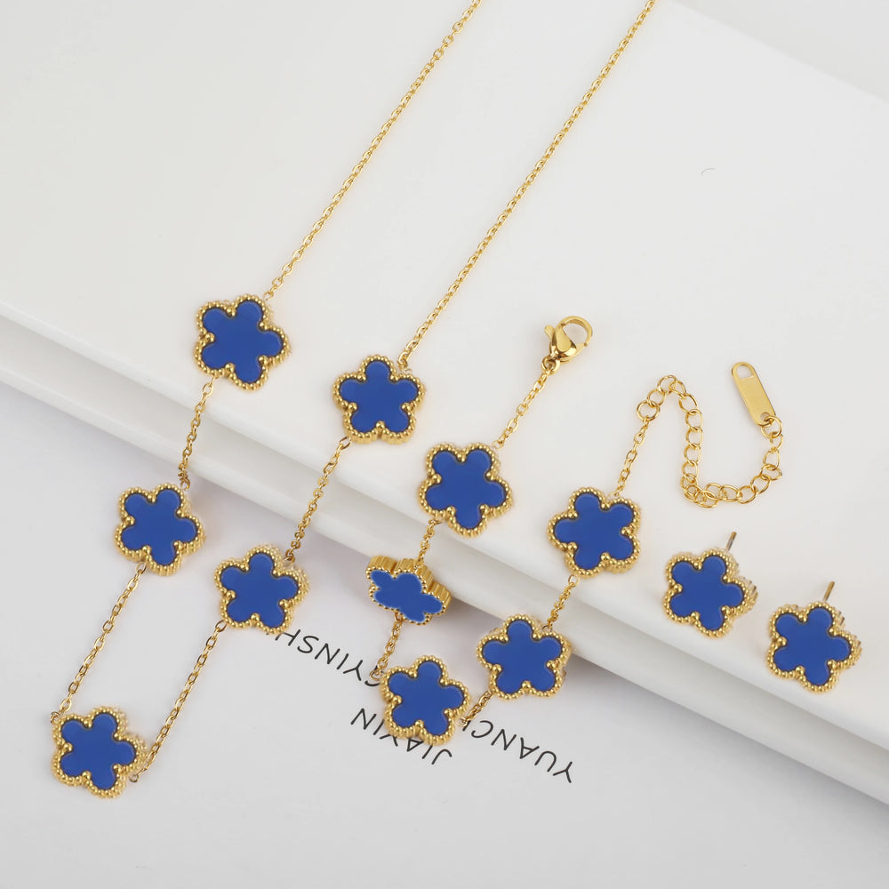 Hot Selling Plum Blossom Plant Five Leaf Flower Jewelry Set Bracelet Necklace Earrings Women Stainless Steel High Quality Clover