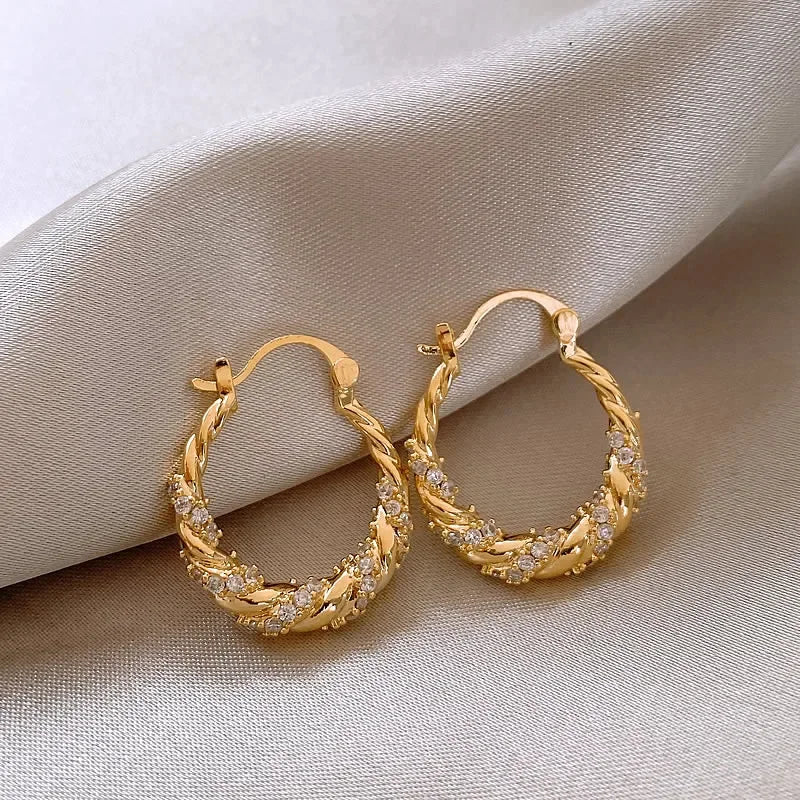 1pair New Design Light Luxury Unique Zircon Winding Hoop Earrings Fashion Women Elegant Gold Color Metal Jewelry Gifts
