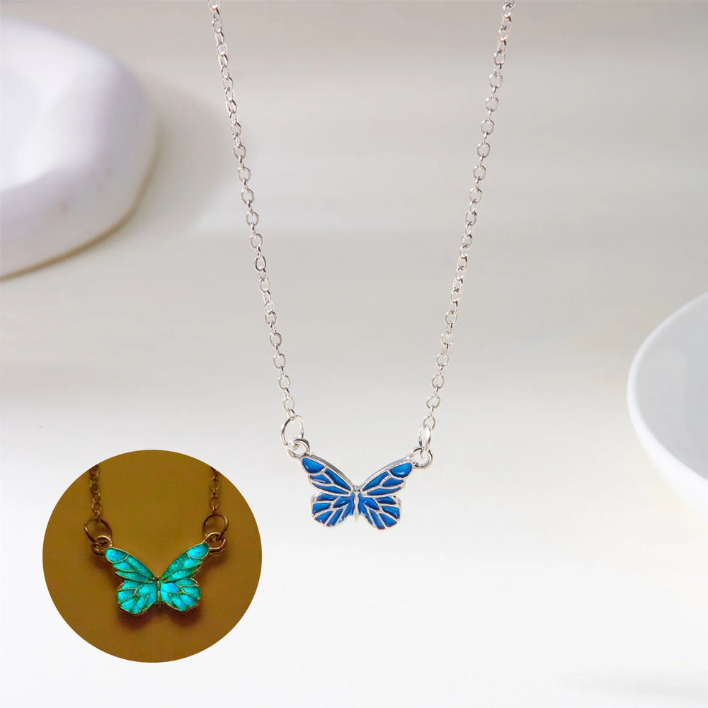 New Fashion Blue Luminous Butterfly Necklace Bracelet Set for Women Glow in the Dark Clavicle Chain Choker Girls Party Jewelry