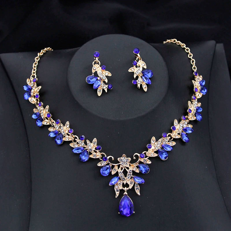 Exquisite 2 pcs set Flower Pink AB crystal bridal wedding jewelry sets for women dangle earrings and necklace sets Blue Green