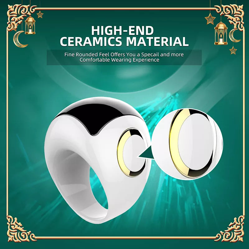 The Muslim Smart Ring is a metal ring that serves as a reminder for prayer times. It has Bluetooth capabilities and can also function as a music speaker. The ring features an OLED display and is made of ceramic, making it both stylish and functional.