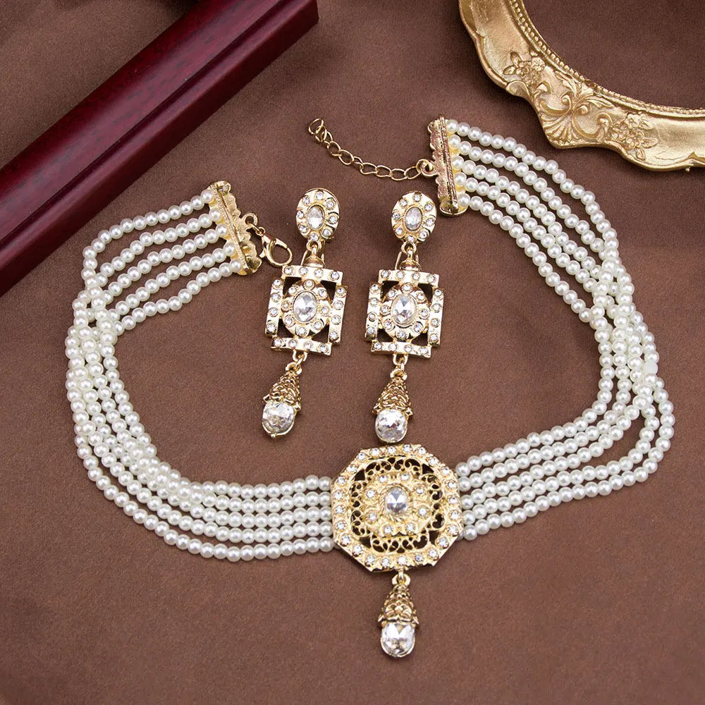 Algeria Beads Choker Necklace String Neck Chain Square Earring For Women Morocco Caftan Jewelry Arabic Bridal Bijoux
