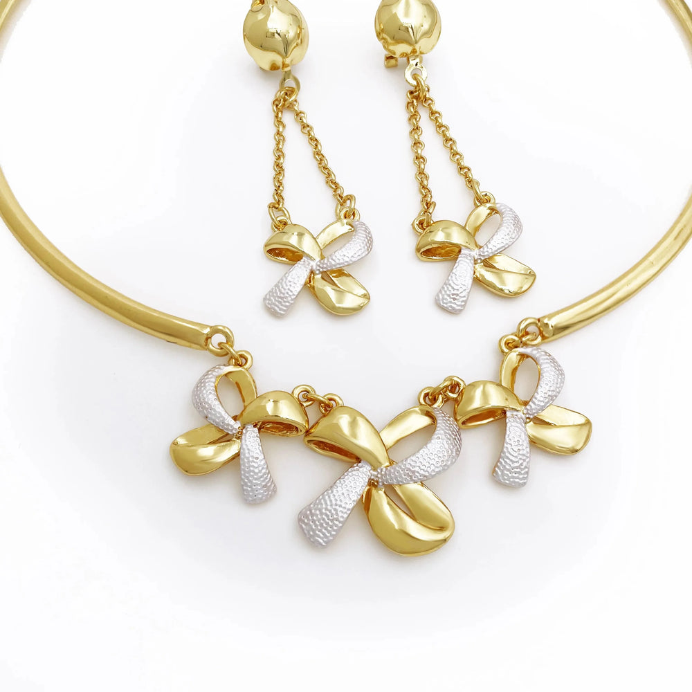 New Women Jewelry Two Tone Classic Design Necklace Set Long Drop Earrings Bracelet And Ring Full Set Jewelry Party Trending