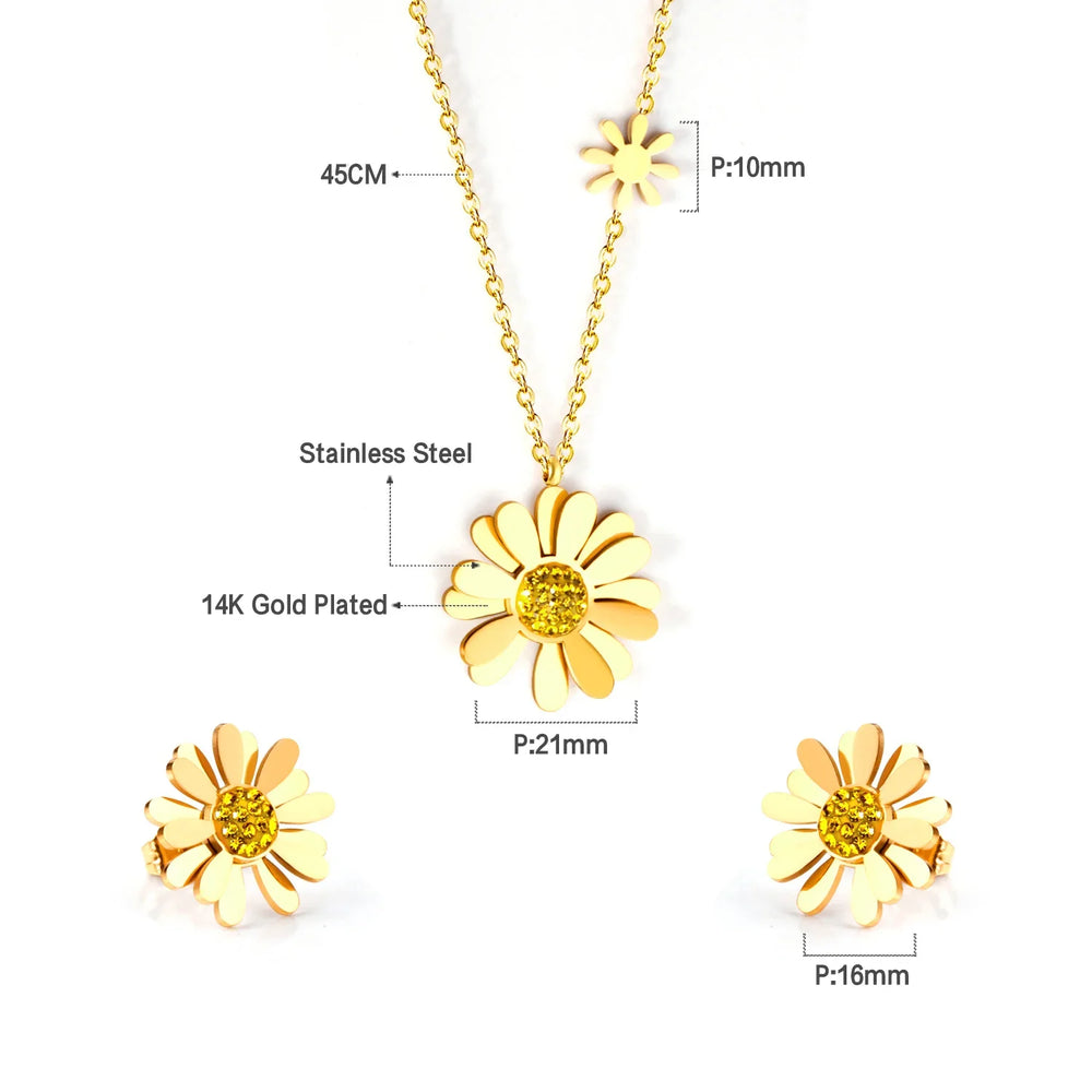 Jewelry Sets Yellow Flowers Pendant Necklace Earrings Stainless Steel For Women Gold Color 2023 Trendy Summer Wholesale